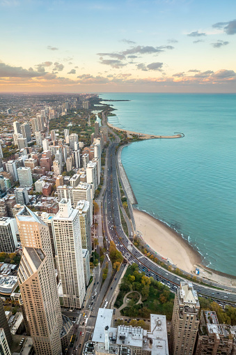 Chicago's Lake Shore Drive and North Avenue Beach photographed from above.