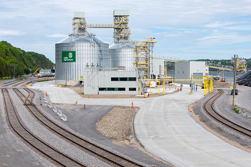 Sollio Agriculture harbor infrastructure of Quebec city with railroad and silo installations.