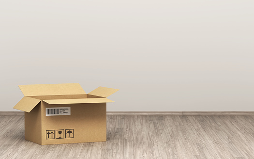 3D Render an open Cardboard box on wooden floor in front of gray wall stock photo