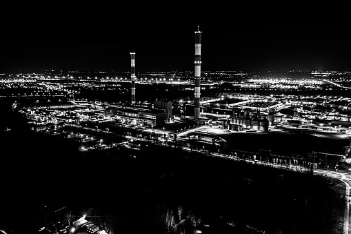 Aerial view. industrial power plant energy at twilight and night in Łódź, Łódź Voivodeship, Poland