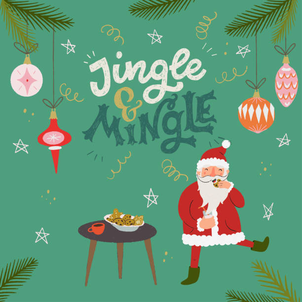 jingle and mingle nápis a karikatura santa - tvorba sítě kontaktů stock ilustrace