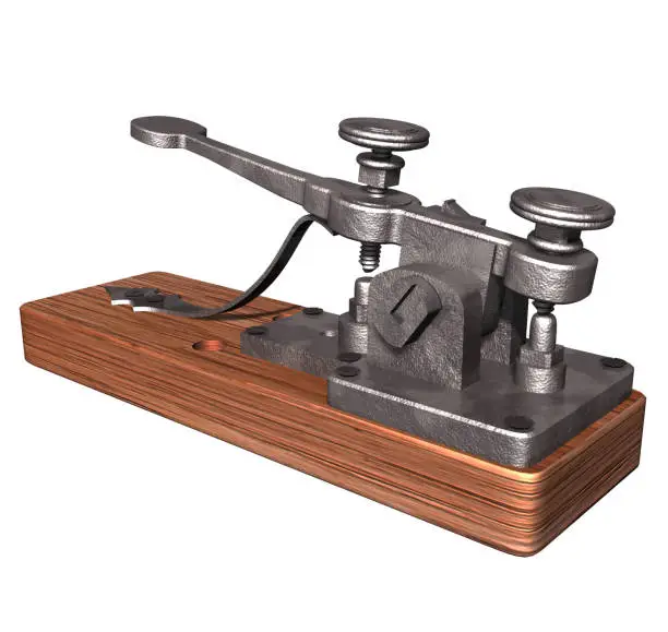 3D Rendering Illustration of an Antique Morse Telegraph Key created in the1830s &1840s by Samuel Morse  and other inventors; with wooden base and mobile metal componets for long distant comunications.