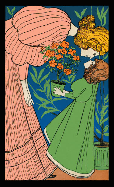 ilustrações de stock, clip art, desenhos animados e ícones de young woman in dress kissing her daughter art nouveau 1896 - women victorian style retro revival art nouveau