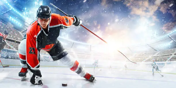 Sport. High concentration. Professional hockey player ready to attack in ice. Sports emotions. Concept of action, team sport game