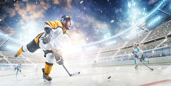 Sport. Professional hockey player in action. Sports emotions. Hockey concept. Ad