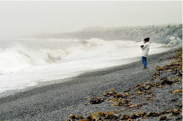 Nature...This shot shows a woman and her dog watching pounding waves from a storm at sea, along the shoreline of the Gaspe Peninsula, Quebec, Canada. This image is from a scanned slide.