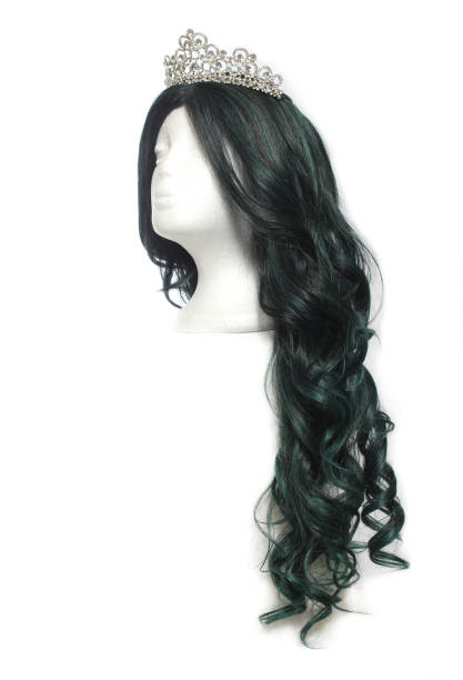 istock Black and Green Long Wig on Mannequin Head with tiara 1358344526