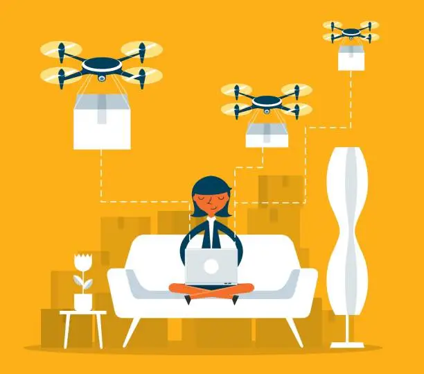 Vector illustration of Quadcopter Remote Freight Shipping - Businesswoman
