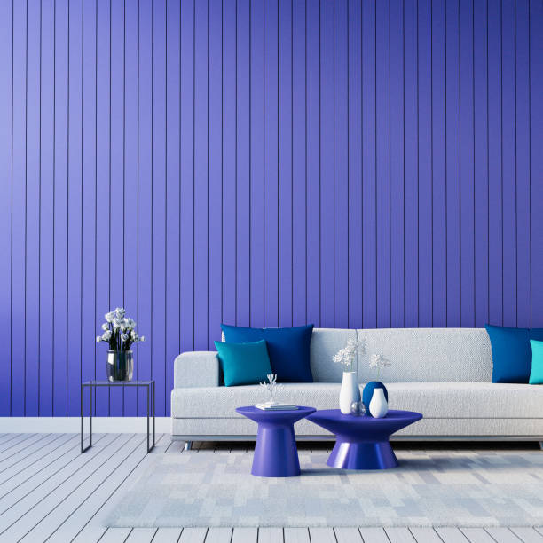 Purple Blue wall living room interior 2022 very peri - 3D rendering Purple Blue wall living room interior 2022 very peri - 3D rendering luxury hotel stock pictures, royalty-free photos & images