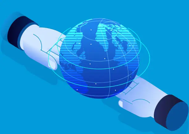 Vector illustration of Isometric two hands hold up the earth together, global business connection and cooperation