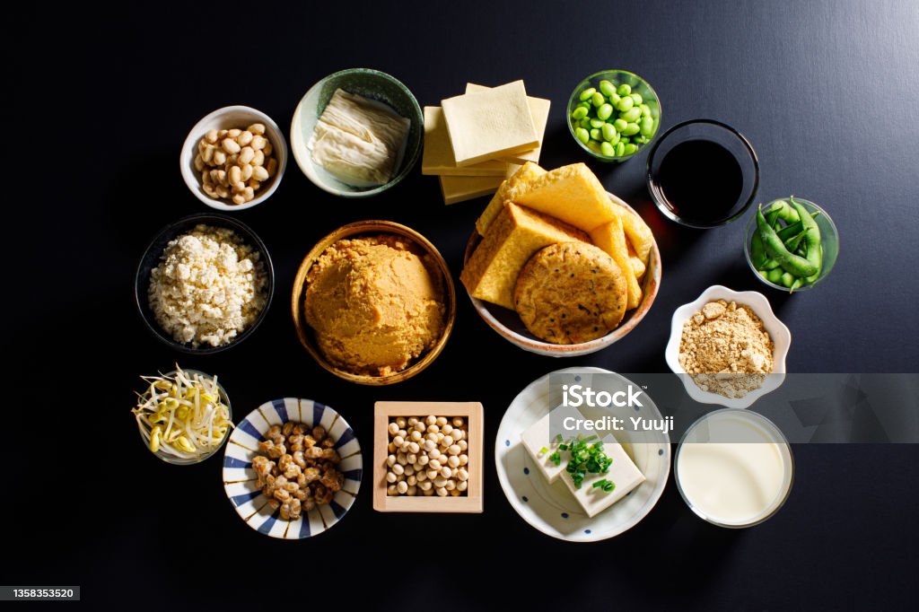Vegan food made from soybeans, a typical home cooking ingredient in Japan. Japanese vegan foods made from soybeans include natto, miso, tofu, soy sauce, bean sprouts, and many others. Fermenting Stock Photo