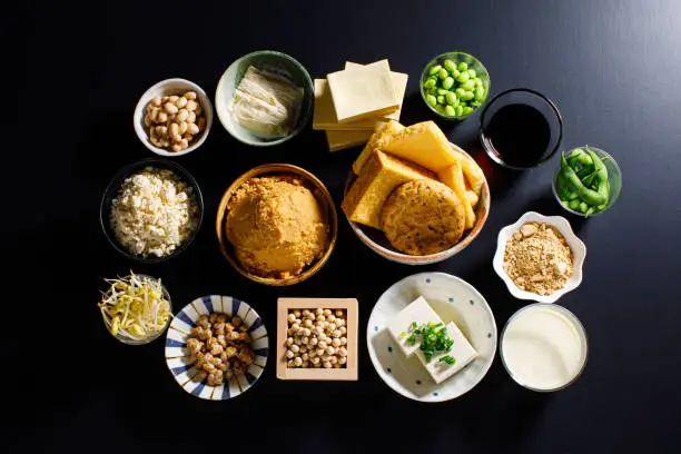 Japanese vegan foods made from soybeans include natto, miso, tofu, soy sauce, bean sprouts, and many others.