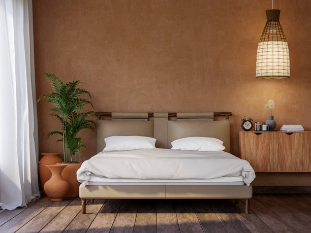 istock Local style bedroom with blank orange wall 3d render 1358356150