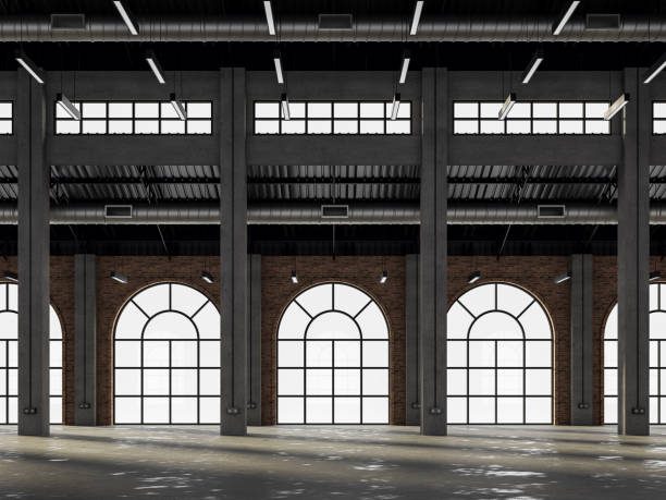 istock Industrial loft style old warehouse interior with arch shape window 3d render 1358356155