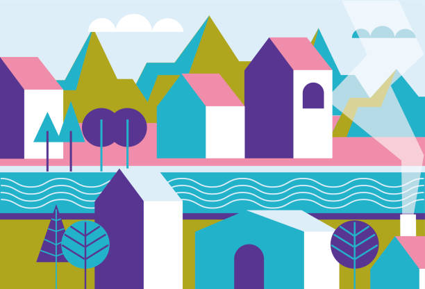 istock Creative image of outdoor town, mountain, river and blue sky design composition. 1358356324