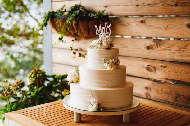 istock White three-tiered wedding cake with flowers on a wooden table 1358359487
