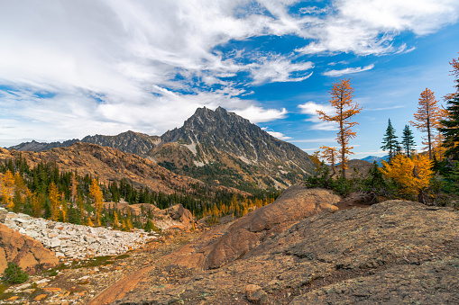 The red rock formations of the Alpine Lakes Wilderness and Headlight Basin are covered in fall foliage and golden larch trees. Behind the Valley Mount Stuart rises high above the wilderness in the Cascades.