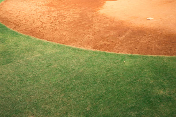 밤에 스포트라이트와 함께 비어있는 야구장 - field baseball grass sky 뉴스 사진 이미지