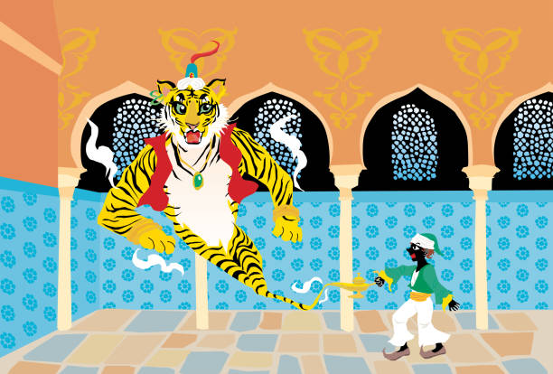 ilustrações de stock, clip art, desenhos animados e ícones de the tiger of jeannie and the magic lamp. - arabian nights