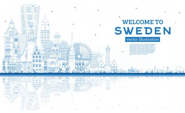 Vector illustration of Welcome to Sweden. Outline City Skyline with Blue Buildings and Reflections.