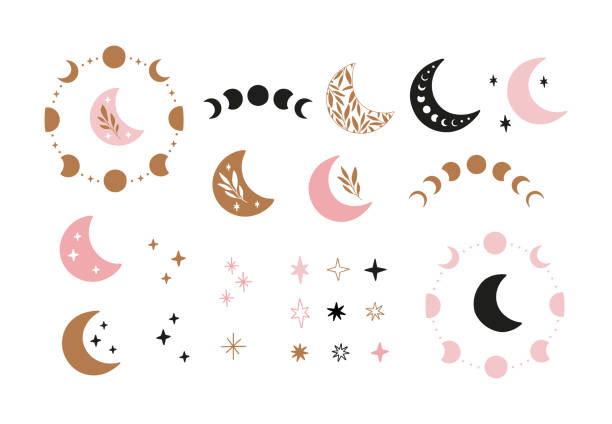 Moon vector illustration set Moon vector illustration set. Contemporary art with moon phases. Celestial t shirt print, poster, cards, tattoo, modern logo, sticker. Scandinavian style crescent moon stock illustrations