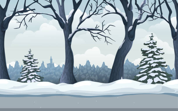 seamless winter forest landscape. endless parallax game background with snowy fir, trees, snow drifts, road and cloudy sky. cartoon woodland illustration. horizontal scenic winter panorama for design seamless winter forest landscape. endless parallax game background with snowy fir, trees, snow drifts, road and cloudy sky. cartoon woodland illustration. horizontal scenic winter panorama for design. snow road stock illustrations