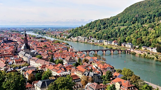 Panoramic view of  Heidelberg city with Neckar river and Old Bridge.