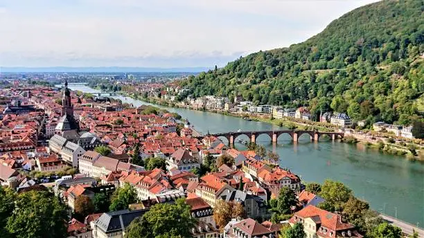 Looking at Heidelberg Altstadt with Neckar river from surrounding mountains.