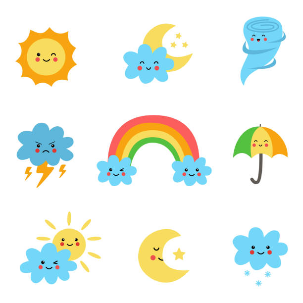 набор милых значков погоды каваии на белом фоне. - rainbow umbrella descriptive color multi colored stock illustrations