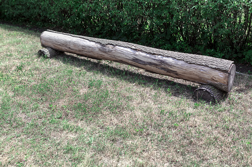 Rustic bench made by large log . Wooden Seat on the grass