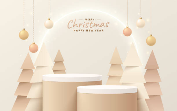 ilustrações de stock, clip art, desenhos animados e ícones de abstract realistic 3d light brown cylinder pedestal podium set with modern christmas tree and glowing neon ring. merry christmas and new year scene for product presentation. vector rendering platform. - tree set