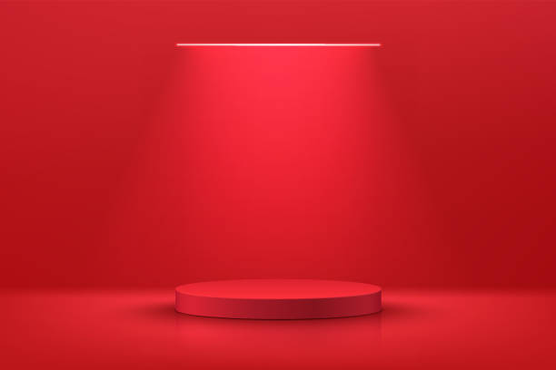ilustraciones, imágenes clip art, dibujos animados e iconos de stock de pedestal o podio abstracto realista de cilindro rojo 3d con lámpara de neón horizontal iluminada. escena mínima de color rojo oscuro para la presentación de la pantalla del producto. diseño de plataforma geométrica de renderizado vectorial. - plataforma roja