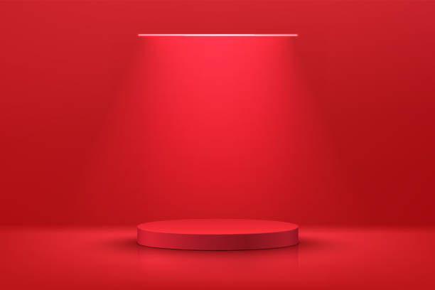 абстрактный реалистичный 3d красный цилиндрический постамент или подиум с подсветкой горизонтальной неоновой лампы. темно-красная минимал - backgrounds red abstract light stock illustrations