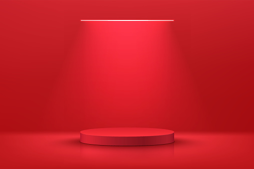 Abstract realistic 3D red cylinder pedestal or podium with illuminate horizontal neon lamp. Dark red minimal scene for product display presentation. Vector rendering geometric platform design.