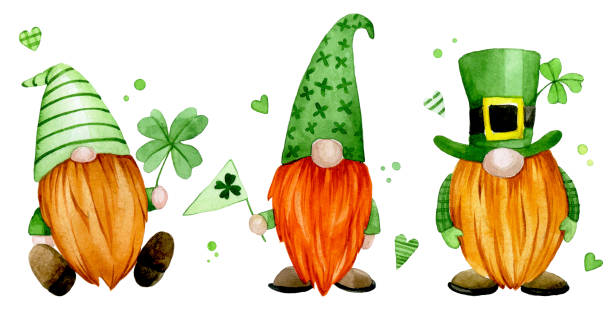 watercolor drawing. set for st patrick's day. cute gnomes, leprechauns in green clothes with a four-leaf clover. clipart characters. watercolor drawing. set for st patrick's day. cute gnomes, leprechauns in green clothes with a four-leaf clover. clipart characters. irish shamrock clip art stock illustrations