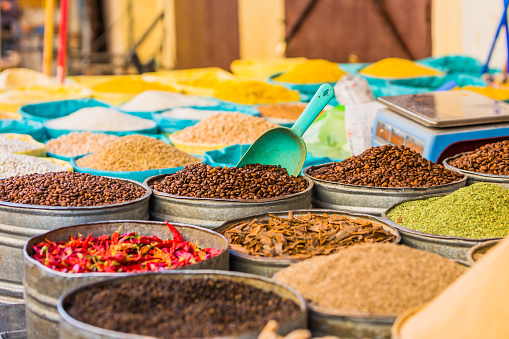 Coffee beans and spices from a moroccan market in the Medina of Fes, Morocco