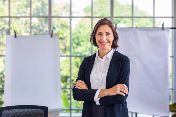 istock Caucasian university professor standing in front of the class with white blank note board for education, school and business people concept 1358374241