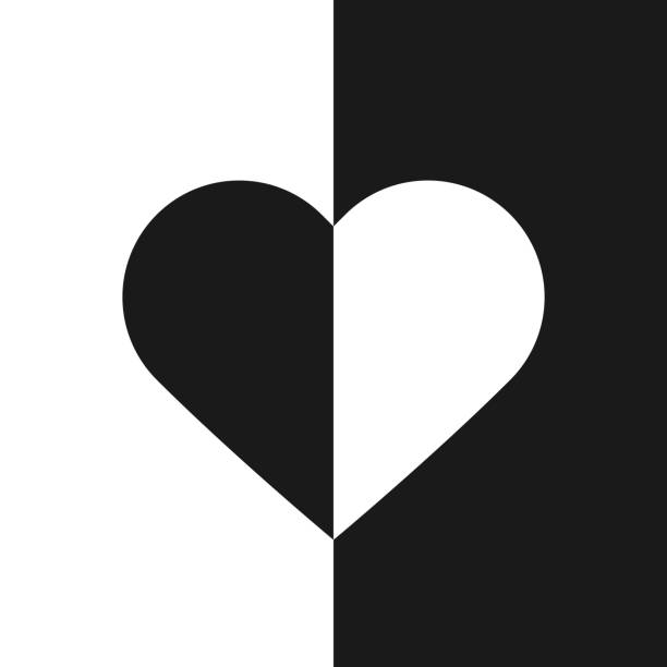 White, black heart opposites White and black opposite heart shaped halves. Love, difference, tolerance, peace, marriage, communication and extremes concept. Flat design. EPS 8 vector illustration, no transparency, no gradients black and white heart stock illustrations