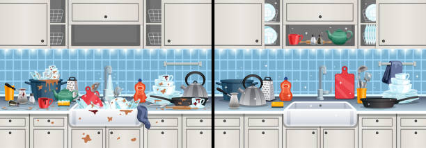 illustrations, cliparts, dessins animés et icônes de composition de la cuisine sale après la cuisson - cooking mess