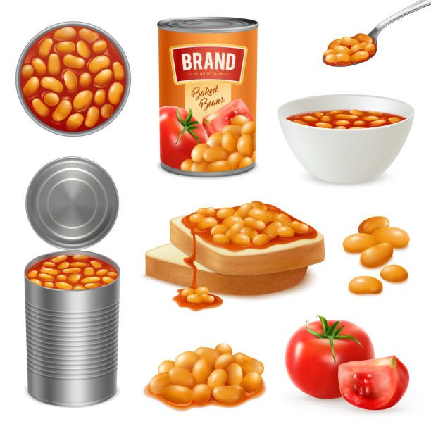 1912.i029.033.P.m005.c33.isometric baked beans set Beans baked in tomato sauce in opened can bowl on bread slices isometric realistic set vector illustration bean stock illustrations