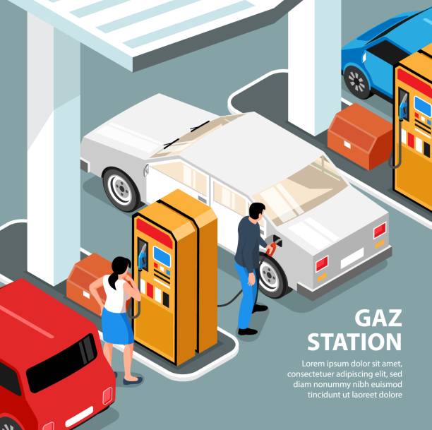 ilustrações de stock, clip art, desenhos animados e ícones de gas station isometric illustration - isometric gas station transportation car