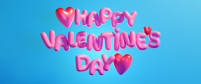 Pink Happy Valentine's Day text typography with hearts against blue background. 3D render. 3D illustration.