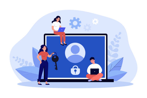 tiny people with account under lock on laptop screen - cybersecurity stock illustrations