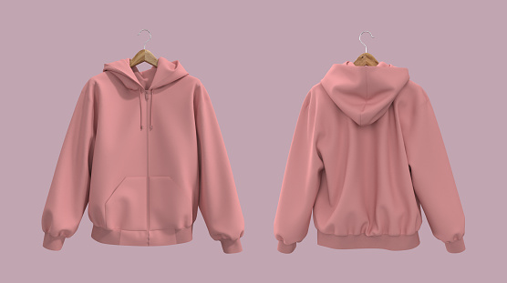 Blank hooded sweatshirt mockup with zipper in front, side and back views, 3d rendering, 3d illustration