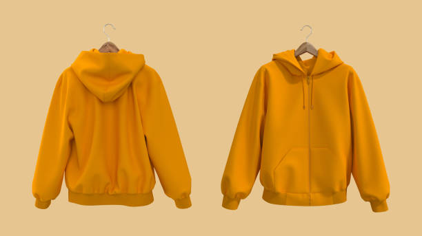 Blank hooded sweatshirt  mockup with zipper in front, side and back views, 3d rendering, 3d illustration stock photo