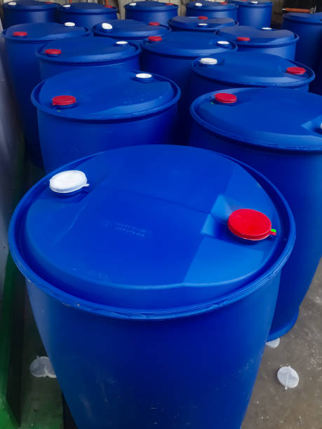 istock blue chemical drum stored in storage 1358382047