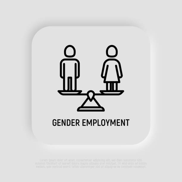 Equal gender employment thin line icon, woman and man on the scales are equal. Gender equality. Vector illustration. Equal gender employment thin line icon, woman and man on the scales are equal. Gender equality. Vector illustration. gender equality scale stock illustrations