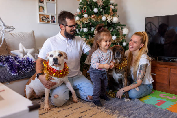 istock Young Family In Front Of Christmas Tree 1358389264