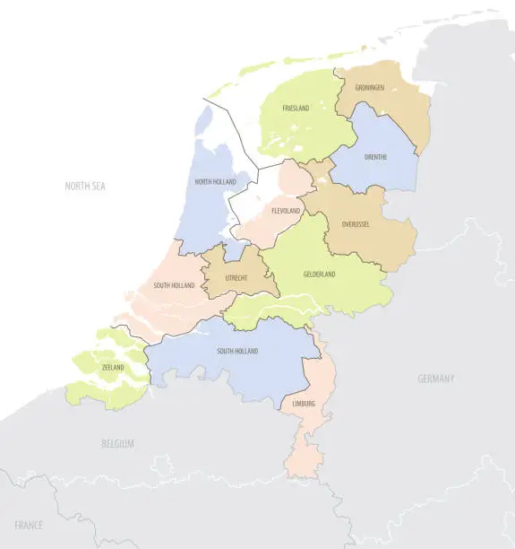 Vector illustration of Detailed location map of the Netherlands in Europe with administrative divisions of the country, vector illustration