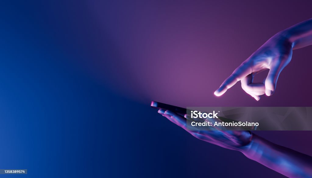 3D hands holding a smartphone and pointing at it 3d hands holding a cell phone and pointing to the screen. neon lights. futuristic concept, technology, metaverse and crypto. 3d rendering Technology Stock Photo